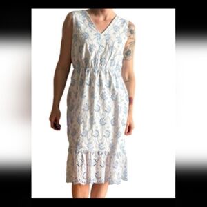 Joie Large Eyelet Fairycore Cottage Midi Dress Cotton Blend Blue White